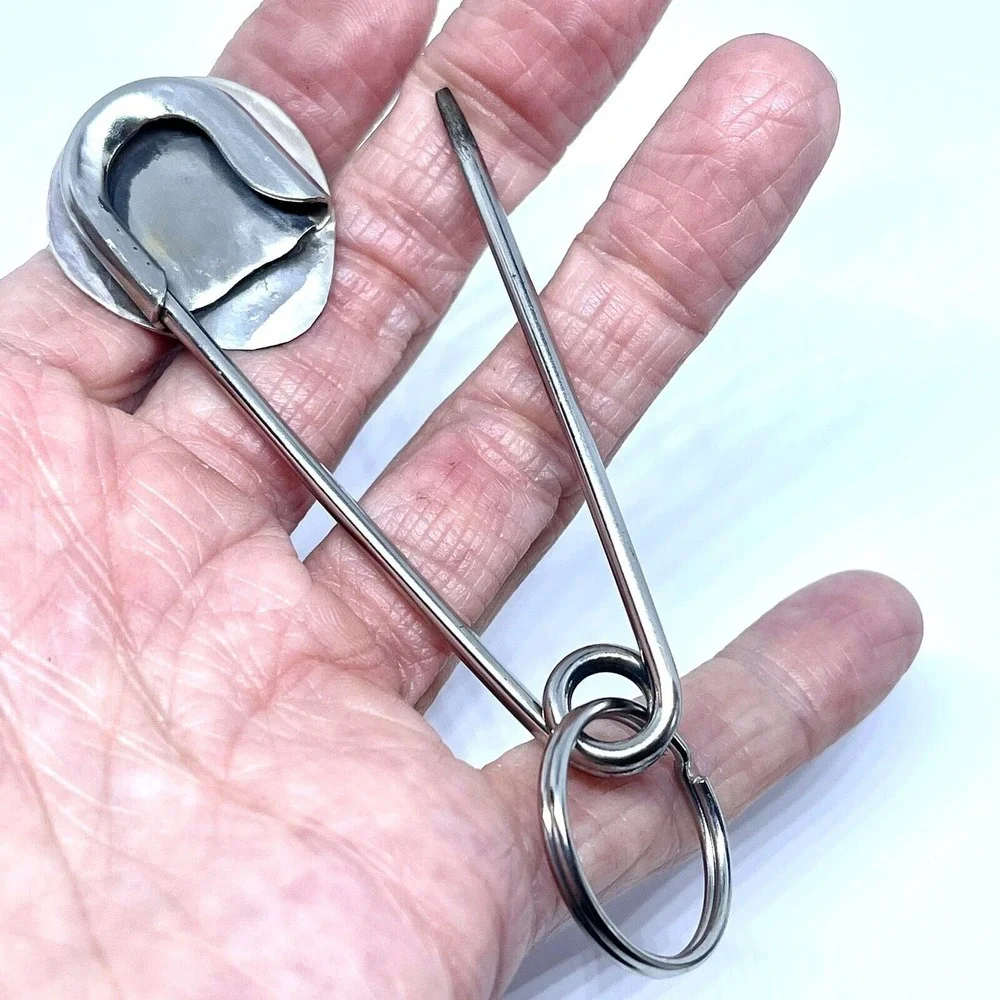 Giant Safety Pin Keyring Navajo Bear Paw Print Turquoise Keychain 4in Mens Gift
